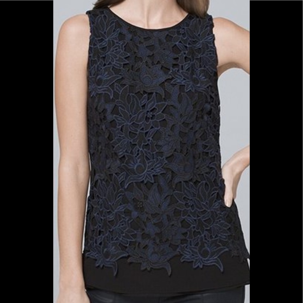 WHBM Officer Blue Floral Lace Sleeveless Blouse